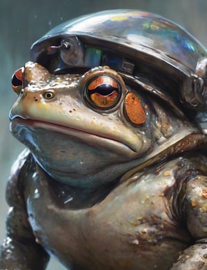 (close up, head and shoulders portrait:1.3), (anthromorphic toad:1.6), wearing sci-fi polycarbonate armor , "The overall effect is a blend of impressionism and abstraction, creating a rich, immersive setting. The scene should feature a realist selective focus on main subject. In contrast, the background should transition into an abstract, painterly environment. The atmosphere should be hazy and diffuse, contributing to an ethereal and somewhat dystopian feel. Background impressionistic style to emphasize mood and atmosphere over detailed realism. The colors in the background include shades of rich, vibrant hues with dramatic contrasts, featuring deep, earthy tones and vivid highlights, blending seamlessly with cooler hues like blues and greys. Use muted accents like rusty orange-yellows, and rusty teals to highlight tiny areas and add visual interest. Use this blend of subdued and bold colors to emphasize the gritty nature of the scene."