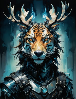 art by simon bisley, art by ralph steadman, art by vallejo, a masterpiece, stunning detail, (head and shoulders portrait:1.3), (anthropomorphic (tiger:1.2)  (moose  :1.7) :1.3), neuromancer, cyberpunk, holographic glowing, wearing black leather armor, creature fur scales , dark background 