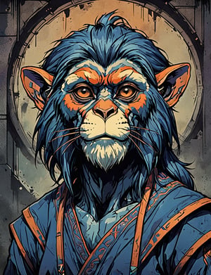 (close up, head and shoulders portrait:1.5), violet, orange, blue gradient ,(anthropomorphic bengal langur with long beard :1.5), (angular shapes:1.7), samurai, wearing samurai armor, (strong outline sketch style:1.5), symmetrical features, gritty fantasy, (darkest dungeon art style :1.4), dark muted background, detailed, Dark Manga of,Dark Anime of,comic book