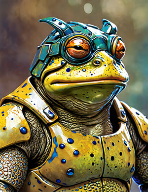 (close up, head and shoulders portrait:1.3), (anthromorphic toad:1.6), wearing sci-fi polycarbonate armor , "The overall effect is a blend of impressionism and abstraction, creating a rich, immersive setting. The scene should feature a realist selective focus on main subject. In contrast, the background should transition into an abstract, painterly environment. The atmosphere should be hazy and diffuse, contributing to an ethereal and somewhat dystopian feel. Background impressionistic style to emphasize mood and atmosphere over detailed realism. The colors in the background include shades of rich, vibrant hues with dramatic contrasts, featuring deep, earthy tones and vivid highlights, blending seamlessly with cooler hues like blues and greys. Use muted accents like rusty orange-yellows, and rusty teals to highlight tiny areas and add visual interest. Use this blend of subdued and bold colors to emphasize the gritty nature of the scene."