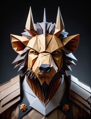 (head and shoulders portrait:2.5), (angry glaring villian paper warthog warrior :2), menacing expression, wearing paper armor , made out of folded paper, origami,  light and delicate tones, clear contours, cinematic quality, dark background, highly detailed, chiaroscuro, ral-orgmi