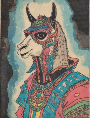 (head and shoulders portrait:1.2), (anthropomorphic llama :1.3) as a warrior, zorro mask, colorful, wearing sci-fi outfit , surreal fantasy, close-up view, chiaroscuro lighting, no frame, hard light,Ukiyo-e,ink