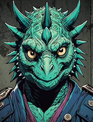 (close up, head and shoulders portrait:1.5), green, teal, aqua, blue, violet gradient ,(anthromorphic triceratops owl:1.5), samurai, wearing samurai armor, (strong outline sketch style:1.5), symmetrical features, gritty fantasy, (darkest dungeon art style :1.4), dark muted background, detailed, one_piece_wano_style, Dark Manga of,anime screencap,Dark Anime of
