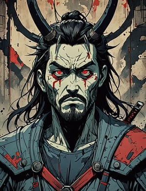 (close up, head and shoulders portrait:1.5), colorful ,(samurai jack:1.5), (angular shapes:1.7), samurai, wearing samurai armor, (strong outline sketch style:1.5), symmetrical features, gritty fantasy, (darkest dungeon art style :1.4), dark muted background, detailed, Dark Manga of,Dark Anime of,comic book