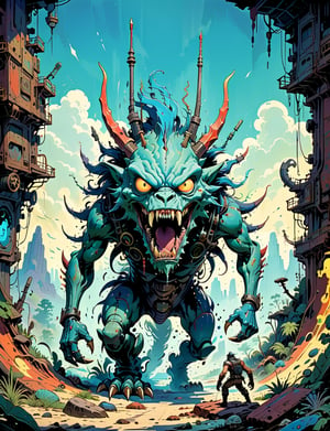 1980s style fantasy.oil painting.jungle scene, dynamic action scene. a large cat monster , rabbit ears , the monster stands on multiple legs and has a long body with armored carapace shell and spikes running down its back, biomechanical robot, gears, steam, blue chrome, It has an angular-like face with two black eyes and a mouth of jagged teeth and viscous fluid dripping from it. highly detailed, art by Jean Giraud ((Moebius style)), line ink illustration,highly detailed,  ink sketch,ink Draw,Comic Book-Style 2d,2d, pastel colors