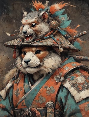 (close up, head and shoulders portrait:1.3), anthromorphic ( marmot :1.6), oni_horns, samurai , samurai armor , brown, tangerine, teal , white and black color scheme , (dark background:1.2), Ukiyo-e,ink,colorful,shogun