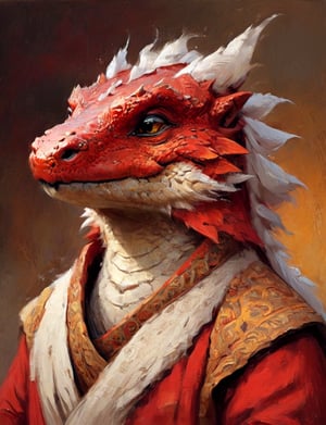 (close up, head and shoulders portrait:1.3), anthromorphic ( Komodo dragon  :1.2) dragon, guru, long mustache, monk robes, red, yellow, white and black color scheme , Disney pixar style