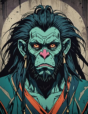 (close up, head and shoulders portrait:1.5), red, orange, green, teal, aqua, blue, violet gradient ,(anthromorphic gelada :1.5), samurai, wearing samurai armor, (strong outline sketch style:1.5), symmetrical features, gritty fantasy, (darkest dungeon art style :1.4), dark muted background, detailed, one_piece_wano_style, Dark Manga of,anime screencap,Dark Anime of