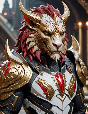 (head and shoulders portrait:1.2), Sci-Fi. (anthropomorphic manticore:1.3), athletic build. ((white armor)).  wearing futuristic and highly cybernetic black armor. red ornaments, golden lines, Inspired by the art of Destiny 2 and the style of Guardians of the Galaxy
