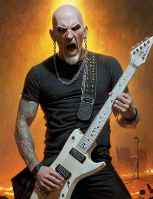 (head and shoulders portrait:1.2), Scott Ian, a heavy metal guitarist, (playing white guitar:1.2), performing on stage, bald head, (long white goatee:1.2),  wearing black t-shirt, metal studs, chains, looking at the camera, yelling, yellow and orange background, undead mosh pit in background,  surreal fantasy, close-up view, chiaroscuro lighting, no frame, hard light, art by Zdzisław Beksiński,digital artwork by Beksinski