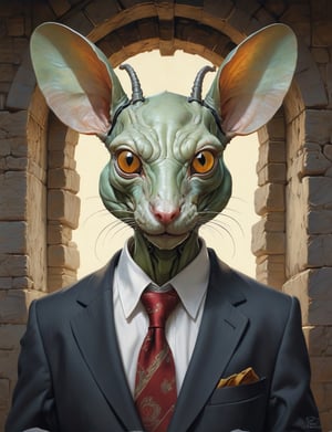 creative magic creature art, creature fusion ( gopher :1.4) (Biomechanical mantis :1.8), (mouse ears:2), wearing business suit, glowing eyes, head and shoulders portrait , hyper-detailed oil painting, art by Greg Rutkowski and (Norman Rockwell:1.5) , illustration style, symmetry , inside a medieval dungeon, cracked stone walls , huayu