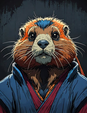 (close up, head and shoulders portrait:1.5), red, orange, blue, violet gradient ,(anthromorphic marmot :1.5), samurai, wearing samurai armor, (strong outline sketch style:1.5), symmetrical features, gritty fantasy, (darkest dungeon art style :1.4), dark muted background, detailed, one_piece_wano_style, Dark Manga of,anime screencap