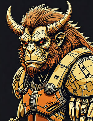 (close up, head and shoulders portrait:1.5), An extremely detailed 1970s retro-future anthropomorphic (troll :1.2) (manticore :1.4) robot, centered, (strong outline sketch style:1.5), (flat silkscreen art style:1.9), (solid dark background:1.2), (retro color scheme), masterpiece, epic, by pascal blanche rutkowski repin artstation painting concept art of detailed character design matte painting, 4 k resolution blade runner, dark muted background, detailed, comic book,dcas_lora