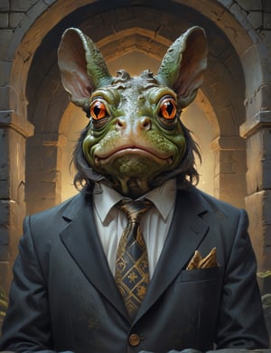 creative magic creature art, (frog :1.8) (bison :1.4), long beard, rabbit ears, wearing business suit, glowing eyes, head and shoulders portrait , hyper-detailed oil painting, art by Greg Rutkowski, illustration style, symmetry , inside a medieval dungeon, cracked stone walls 