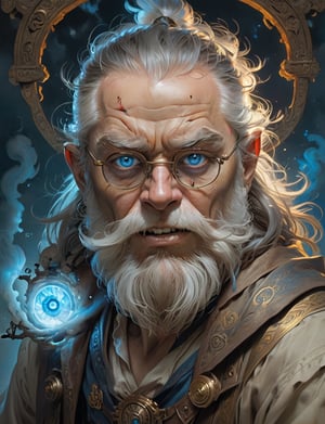 high fantasy world, wild eyed wizard wearing half-rim spectacles, looking intently at the viewer, wild and furious, menacing snarling angry expression, roaring , (glowing blue eyes:3), biomechanical, long beard , head and shoulders portrait , hyper-detailed oil painting, art by Greg Rutkowski and (Norman Rockwell:1.5) , illustration style, symmetry , mideval dungeon setting , huayu