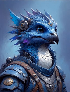 (close up, head and shoulders portrait:1.3), anthromorphic penguin dragon, futuristic power armor, bounty hunter , blue and violet color scheme , Disney pixar style