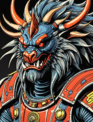 (close up, head and shoulders portrait:1.5), An extremely detailed 1970s retro-future anthropomorphic (samurai :1.2) (manticore :1.4) robot, centered, (strong outline sketch style:1.5), (flat silkscreen art style:1.8), solid dark background, red, orange, sapphire, black and white tones, masterpiece, epic, by pascal blanche rutkowski repin artstation painting concept art of detailed character design matte painting, 4 k resolution blade runner, dark muted background, detailed, comic book,dcas_lora