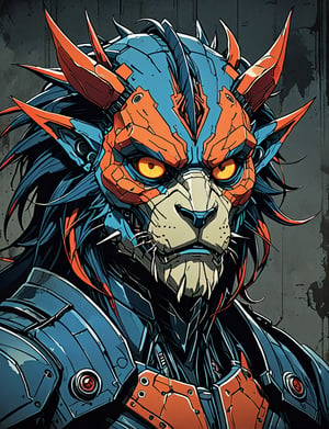 (close up, head and shoulders portrait:1.5), red, orange, blue gradient ,(anthropomorphic cyclops manticore biomechanical robot :1.5), (angular shapes:1.7), samurai, wearing samurai armor, (strong outline sketch style:1.5), symmetrical features, gritty fantasy, (darkest dungeon art style :1.4), dark muted background, detailed, Dark Manga of,Dark Anime of