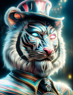 (head and shoulders portrait:1.2), (anthropomorphic tiger :1.3) as circus clown performer , zorro mask, holographic glowing eyes, wearing circus outfit , (outline sketch style:1.5), surreal fantasy, close-up view, chiaroscuro lighting, no frame, hard light, in the style of esao andrews, DonM3lv3nM4g1cXL