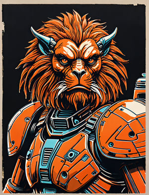 (close up, head and shoulders portrait:1.5), An extremely detailed 1970s retro-future anthropomorphic (trooper :1.2) (manticore :1.4) robot, centered, (strong outline sketch style:1.5), (flat silkscreen art style:1.8), solid dark background, red, orange, sapphire, black and white tones, masterpiece, epic, by pascal blanche rutkowski repin artstation painting concept art of detailed character design matte painting, 4 k resolution blade runner, dark muted background, detailed, comic book,dcas_lora