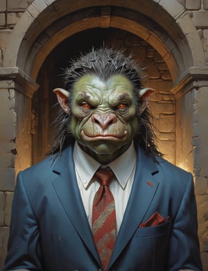 creative magic creature art, creature fusion ( porcupine :1.4) (orc :1.8), (bioluminescence :2), wearing business suit, glowing eyes, head and shoulders portrait , hyper-detailed oil painting, art by Greg Rutkowski and (Norman Rockwell:1.5) , illustration style, symmetry , inside a medieval dungeon, cracked stone walls , huayu