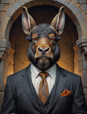 creative magic creature art, (bison :1.8) (rabbit :1.4), long beard, rabbit ears, wearing business suit, glowing eyes, head and shoulders portrait , hyper-detailed oil painting, art by Greg Rutkowski and Norman Rockwell , illustration style, symmetry , inside a medieval dungeon, cracked stone walls 