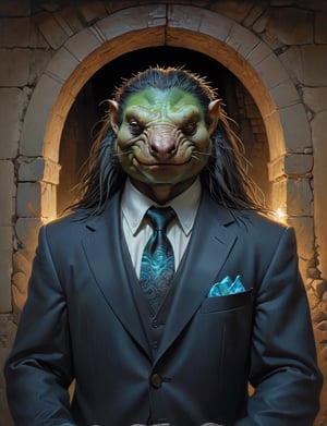 creative magic creature art, creature fusion ( echidna :1.4) (orc :1.8), (bioluminescence :2), wearing business suit, glowing eyes, head and shoulders portrait , hyper-detailed oil painting, art by Greg Rutkowski and (Norman Rockwell:1.5) , illustration style, symmetry , inside a medieval dungeon, cracked stone walls , huayu