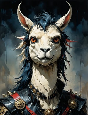 art by simon bisley, art by ralph steadman, art by vallejo, a masterpiece, stunning detail, (head and shoulders portrait:1.3), (anthropomorphic (dragon1.4)  (llama  :1.5) :1.3), supreme wearing black leather armor, creature fur scales , dark background 
