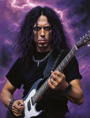 (head and shoulders portrait:1.2), Kirk Hammett, a heavy metal guitarist, (playing guitar:1.2), performing on stage, long curley black hair, wearing black t-shirt, metal studs, chains, looking at the camera, purple smoke and lightning background,  surreal fantasy, close-up view, chiaroscuro lighting, no frame, hard light, art by Zdzisław Beksiński,digital artwork by Beksinski