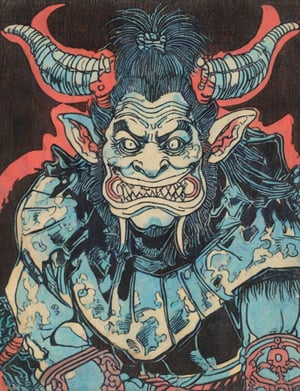 (head and shoulders portrait:1.2), (anthropomorphic troll :1.3) as a warrior , oni_horns, zorro mask, holographic glowing eyes, wearing sci-fi outfit , surreal fantasy, close-up view, chiaroscuro lighting, no frame, hard light,Ukiyo-e