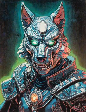 (head and shoulders portrait:1.2), (anthropomorphic wolf:1.3) as a warrior, zorro mask, holographic glowing eyes, wearing sci-fi outfit , surreal fantasy, close-up view, chiaroscuro lighting, no frame, hard light,Ukiyo-e