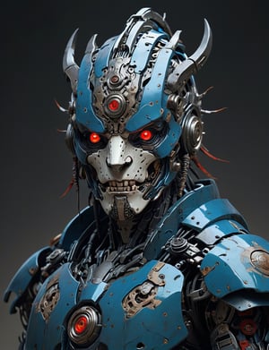 A male, blue phantom, (cybernetic robot:3), biomechanical, painted oni face mask, dragon helm, large sharp teeth, roaring , wearing intricate samurai armor . red eyes, Best quality rendering, serious face expression. Dark night,cinematic lighting,dark art ,Fog, head and shoulders portrait , hyper-detailed oil painting, art by Greg Rutkowski and (Norman Rockwell:1.5) , illustration style, symmetry , mideval dungeon setting , huayu