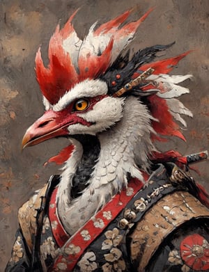 (close up, head and shoulders portrait:1.3), anthromorphic ( sandhill crane :1.2) dragon, samurai , black samurai armor, brown, red , white and black color scheme , (dark background:1.2), Disney pixar style,Ukiyo-e,ink,colorful,shogun