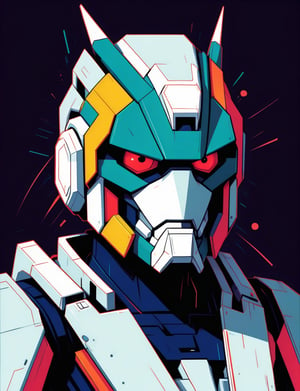 head and shoulders portrait, (anthropomorphic robotech mecha :1.3) , sci-fi cyborg warrior , 80s anime style, glitch art, flat colors, key visual, vibrant, studio anime, minimalistic