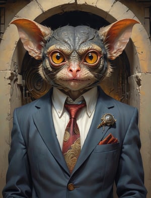 creative magic creature art, creature fusion ( tarsier :1.2) (dragon :1.8), (cyberpunk gear :2), wearing business suit, glowing eyes, head and shoulders portrait , hyper-detailed oil painting, art by Greg Rutkowski and (Norman Rockwell:1.5) , illustration style, symmetry , inside a medieval dungeon, cracked stone walls , huayu