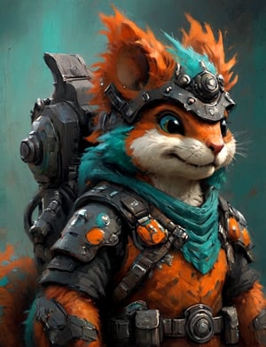 (close up, head and shoulders portrait:1.3), anthromorphic (squirrel:1.3) dragon, futuristic power armor, bounty hunter , orange and teal and black color scheme , Disney pixar style