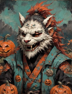 (close up, head and shoulders portrait:1.3), anthromorphic ( manticore :1.4) (neck and chest fur:1.5), (wearing a jack-o-lantern mask :2.5), jack-o-lantern , samurai helmet, oni_horns, samurai , black samurai armor, red, aqua, orange, blue , white and black color scheme , (dark Halloween background:1.2), Disney pixar style,Ukiyo-e,ink,colorful,shogun