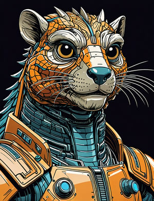 (close up, head and shoulders portrait:1.5), An extremely detailed (1970s retro-future:1.2) anthropomorphic marmot dragon robot, centered, (strong outline sketch style:1.3), dark background, muted colors, detailed, comic book