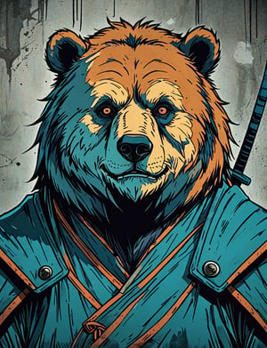 (close up, head and shoulders portrait:1.5), orange, teal, blue, violet gradient , (anthromorphic grizzly bear :1.5), samurai, wearing samurai armor, (strong outline sketch style:1.5), symmetrical features, gritty fantasy, (darkest dungeon art style :1.4), dark muted background, detailed,one_piece_wano_style,Dark Manga of