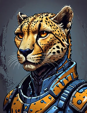 (close up, head and shoulders portrait:1.3), yellow and orange gradient , (anthromorphic cheetah :1.6), wearing blue and violet sci-fi polycarbonate armor, (strong outline sketch style:1.5), gritty fantasy, (darkest dungeon art style :1.4), dark muted background, detailed