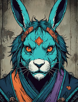 (close up, head and shoulders portrait:1.5), orange, teal, blue, violet gradient , (anthromorphic rabbit bison :1.5), samurai, wearing samurai armor, (strong outline sketch style:1.5), symmetrical features, gritty fantasy, (darkest dungeon art style :1.4), dark muted background, detailed,one_piece_wano_style,Dark Manga of