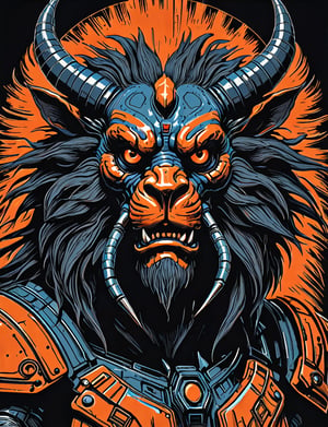 (close up, head and shoulders portrait:1.5), An extremely detailed 1970s retro-future anthropomorphic (oni :1.2) (manticore :1.4) robot, centered, (strong outline sketch style:1.5), (flat silkscreen art style:1.9), solid dark background, (red, orange, sapphire, black and white tones), masterpiece, epic, by pascal blanche rutkowski repin artstation painting concept art of detailed character design matte painting, 4 k resolution blade runner, dark muted background, detailed, comic book,dcas_lora