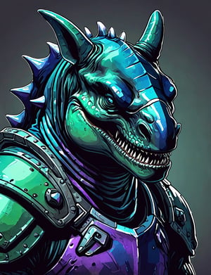 (close up, head and shoulders portrait:1.3), green and blue gradient , (anthromorphic orca triceritops :1.6), wearing blue and violet sci-fi polycarbonate armor, (strong outline sketch style:1.5), gritty fantasy, (darkest dungeon art style :1.4), dark muted background, detailed