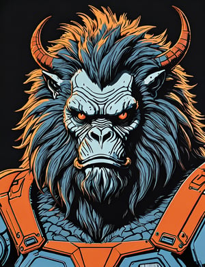 (close up, head and shoulders portrait:1.5), An extremely detailed 1970s retro-future anthropomorphic (yeti :1.2) (manticore :1.4) robot, centered, (strong outline sketch style:1.5), (flat silkscreen art style:1.9), solid dark background, (red, orange, sapphire, black and white tones), masterpiece, epic, by pascal blanche rutkowski repin artstation painting concept art of detailed character design matte painting, 4 k resolution blade runner, dark muted background, detailed, comic book,dcas_lora