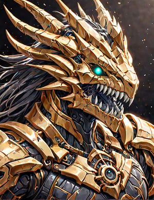 (head and shoulders portrait:1.2), a Warforged dragon  , sentient construct of gleaming gold and black metal and gears, is dressed in intricately detailed armor. dark background , Inspired by the art of Destiny 2 and the style of Guardians of the Galaxy,art_booster