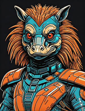 (close up, head and shoulders portrait:1.5), An extremely detailed 1970s retro-future anthropomorphic (platypus :1.2) (manticore :1.4) robot, centered, (strong outline sketch style:1.5), (flat silkscreen art style:1.9), (solid dark background:1.2), (retro color scheme), masterpiece, epic, by pascal blanche rutkowski repin artstation painting concept art of detailed character design matte painting, 4 k resolution blade runner, dark muted background, detailed, comic book,dcas_lora
