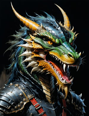 art by simon bisley, art by ralph steadman, art by vallejo, a masterpiece, stunning detail, (head and shoulders portrait:1.3), (anthropomorphic (dragon1.4)  (tiger:1) :1.3), supreme wearing black leather armor, creature skin , dark background 