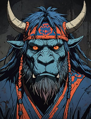 (close up, head and shoulders portrait:1.5), red, orange, blue, violet gradient ,(anthromorphic yak :1.5), samurai, wearing samurai armor, (strong outline sketch style:1.5), symmetrical features, gritty fantasy, (darkest dungeon art style :1.4), dark muted background, detailed, one_piece_wano_style, Dark Manga of,anime screencap