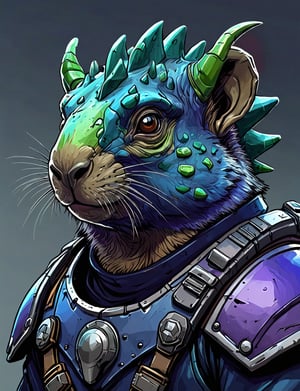 (close up, head and shoulders portrait:1.3), green and blue gradient , (anthromorphic marmot triceritops :1.6), wearing blue and violet sci-fi polycarbonate armor, (strong outline sketch style:1.5), gritty fantasy, (darkest dungeon art style :1.4), dark muted background, detailed