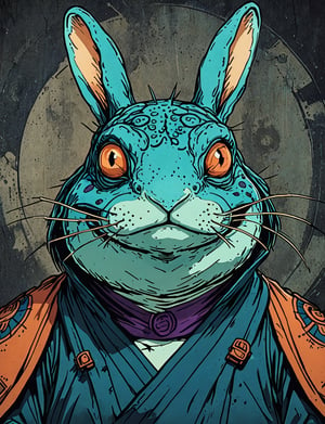 (close up, head and shoulders portrait:1.5), orange, teal, blue, violet gradient , (anthromorphic rabbit toad :1.5), samurai, wearing samurai armor, (strong outline sketch style:1.5), symmetrical features, gritty fantasy, (darkest dungeon art style :1.4), dark muted background, detailed,one_piece_wano_style,Dark Manga of